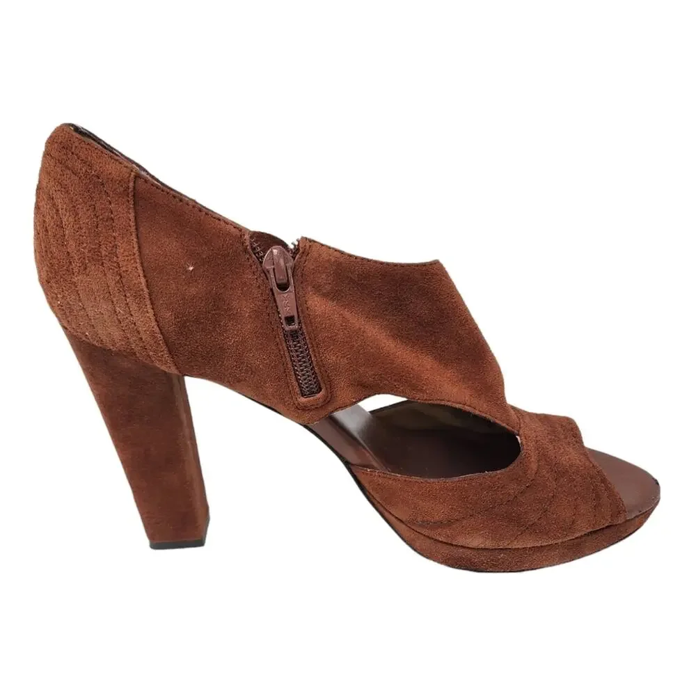 Banana Republic Platform Suede Shoes Block‎ Heel Cinnamon Peep Toe Side Zip 9